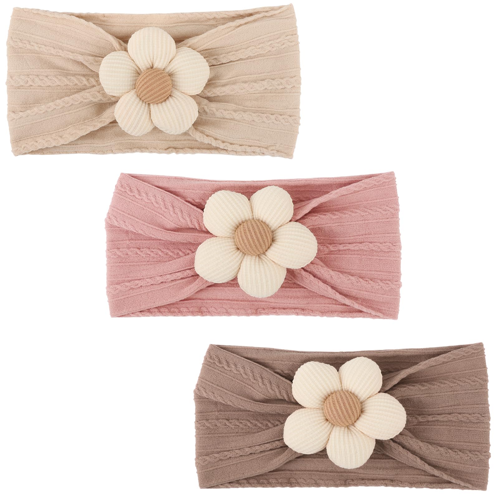 AQOKKA 3 Pcs Baby Flower Headbands Nylon Baby Hairbands Baby Girl Hair Accessories for Newborn Infant Toddler Baby Essentials